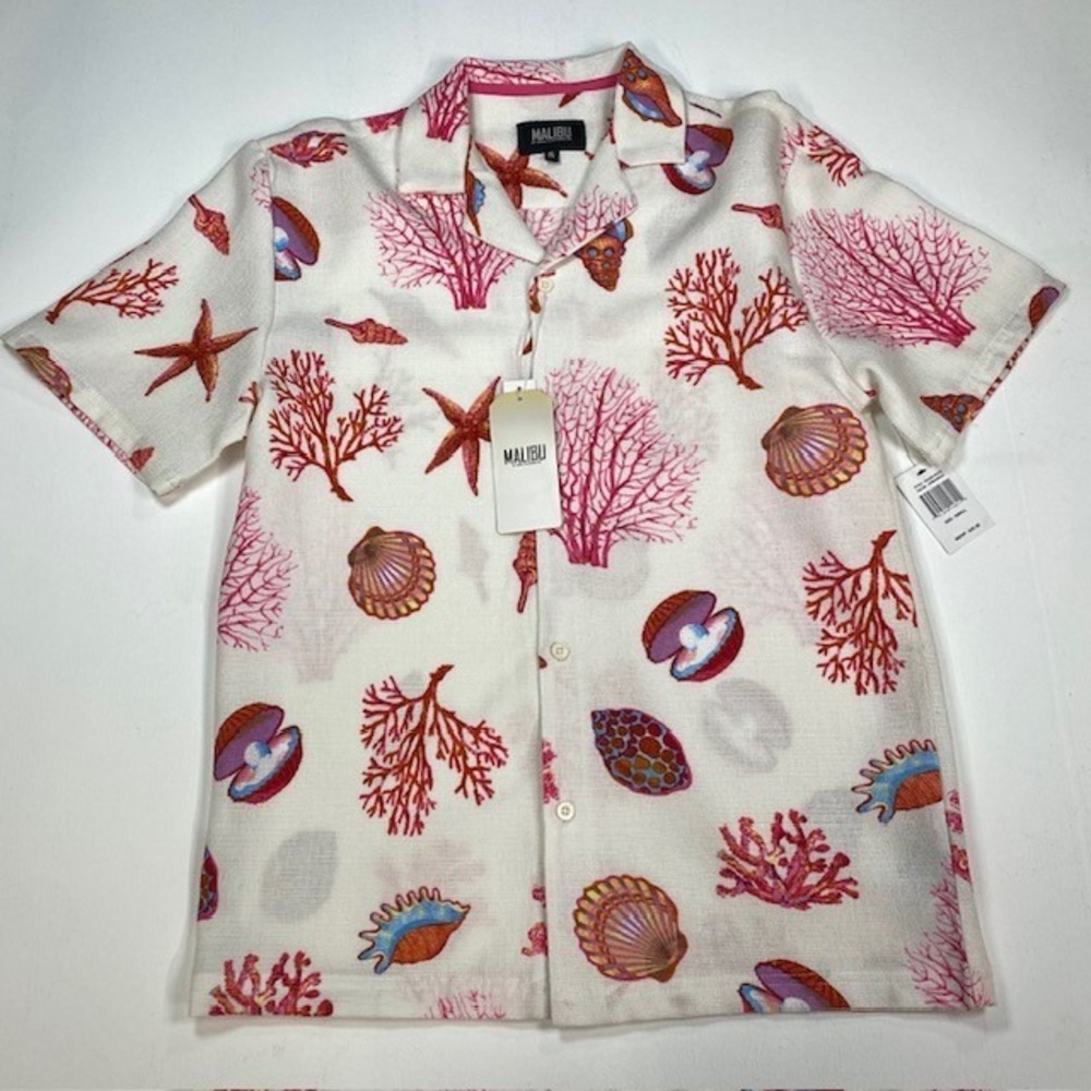 Malibu by Drill Clothing Co Mens Sea Life Coral Shell Print Shirt Ecru Small NEW